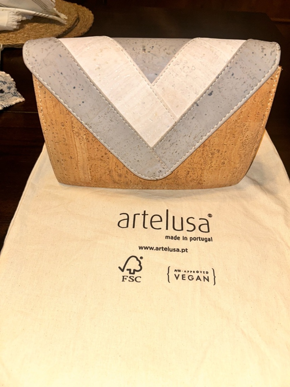Artelusa Natural Cork Clutch with Gray & Cream Chevron